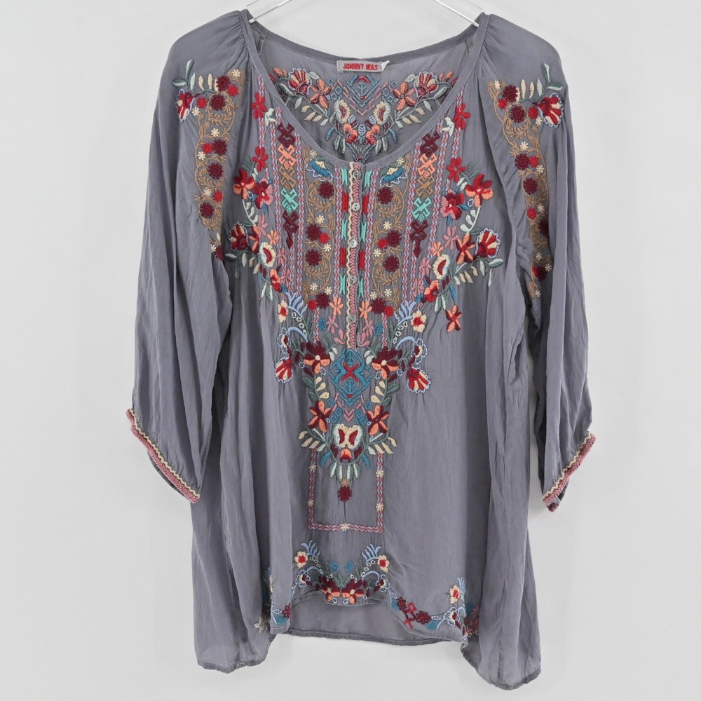 Johnny Was Embroidered Peasant Blouse Womens Size L Gray Floral Boho Tunic Top